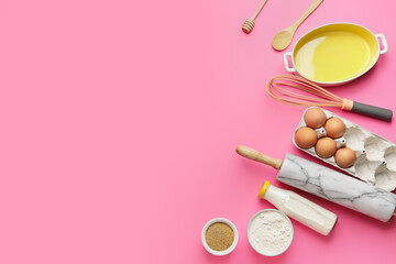 Ingredients for preparing bakery and kitchen utensils on color background