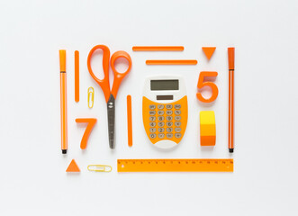 School supplies on white background, top view. Back to school concept.