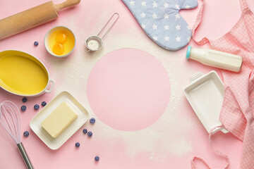Frame made of ingredients for preparing bakery and utensils on color background