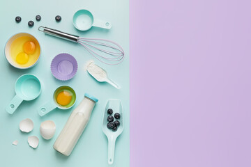 Ingredients for preparing bakery and kitchen utensils on color background