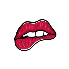 Sexy red lips biting. Vector illustration for printing, logo, beauty saloon, covers, packaging, greeting cards, posters, stickers, textile and seasonal design. Isolated on white background.