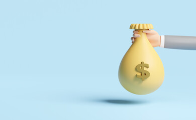 cartoon businessman hands holding money bag isolated on blue background.Quick credit approval or loan approval concept,3d illustration or 3d render