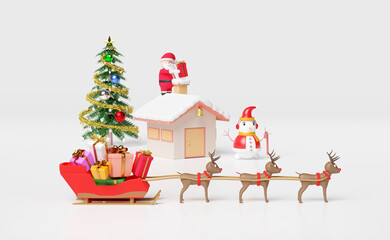 reindeer sleigh with santa claus,house, gift box,christmas tree isolated on white background.website or poster or Happiness cards,banner and festive New Year, 3d illustration or 3d render