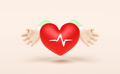 cartoon doctor two hands holding red heart and blood pressure heart rate isolated on pink background ,health love or world heart day concept, 3d illustration or 3d render - obrazy, fototapety, plakaty
