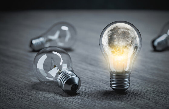 3D render,Close up moon in light bulb,creativity concept idea.