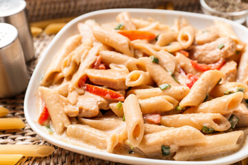 Tray with tasty cajun chicken pasta in plate, closeup