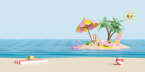 Fototapeta na wymiar summer travel with yellow suitcase, beach chair,island,camera,umbrella,Inflatable flamingo,coconut tree,sandals,plane,cloud isolated on blue sky background, concept 3d illustration or 3d render