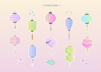 Sticker pack of different cute colorful chinese lanterns. Vector, cartoon style.
