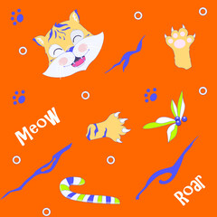 Seamles pattern of tiger, paws, tiger prints, berries. Suitable for gift paper for the new year 2022