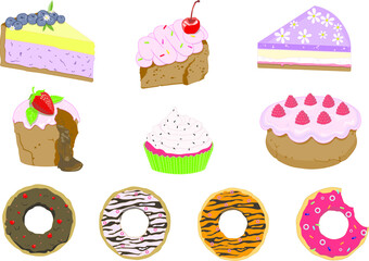 Set of delicious sweets. Cakes, cupcakes, donuts. Berries, cream, chocolate. Vector illustrations
