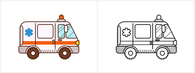 Ambulance car coloring page. Ambulance side view