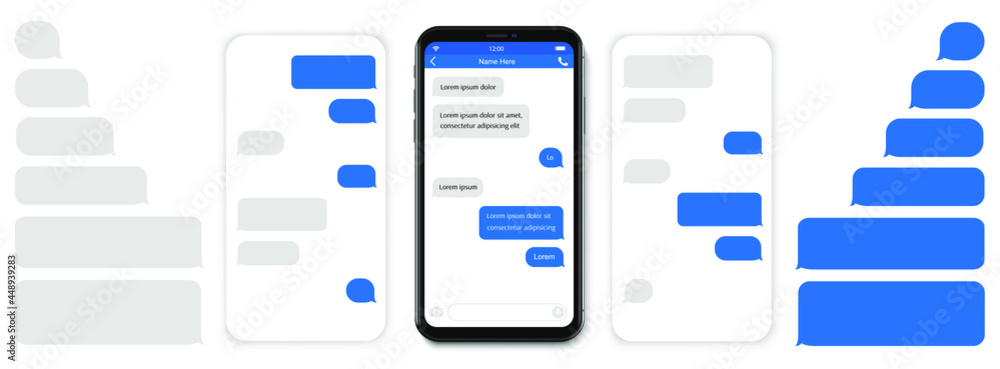 Poster text messaging. smartphone, mobile phone template realistic vector illustration. speech bubble. disc