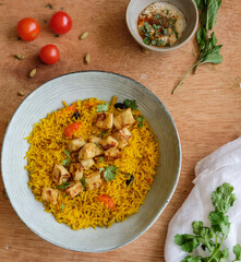 Homemade Middle Eastern cuisine. Turmeric Rice with Crispy Tofu & Spiced Yogurt. Delicious and...