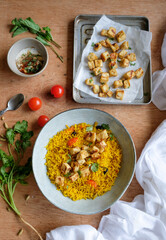 Homemade Middle Eastern cuisine. Turmeric Rice with Crispy Tofu & Spiced Yogurt. Delicious and...