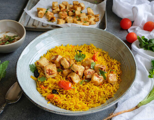 Homemade Middle Eastern cuisine. Turmeric Rice with Crispy Tofu & Spiced Yogurt. Delicious and...