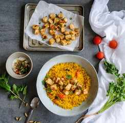 Homemade Middle Eastern cuisine. Turmeric Rice with Crispy Tofu & Spiced Yogurt. Delicious and...