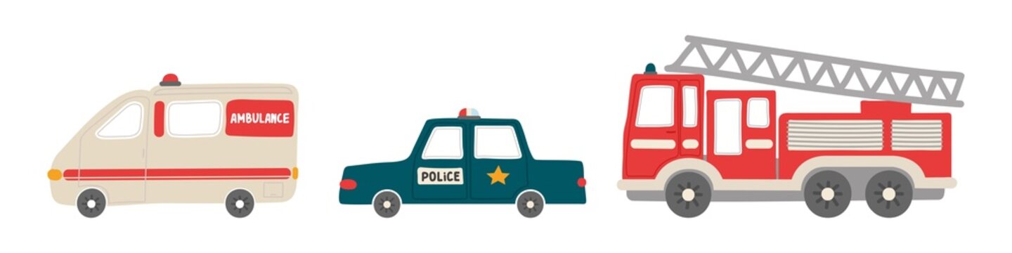 Collection of city cars. Cute funny transport. Vector illustration in flat cartoon style. Ambulance car, police, fire truck for design of kids clothes, bed linen, textiles, postcards, kids room.
