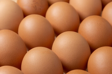 Close up of brown chicken eggs.