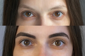 Woman's eyes before and after lash lifting laminating and eyebrow painting procedure. Professional beauty procedure in cosmetology clinic beauty salon. Expectation and reality.