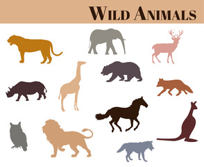 Various wild animals vector icon set in different colors on white background