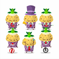 Cartoon character of cupcake with holly berry with various circus shows