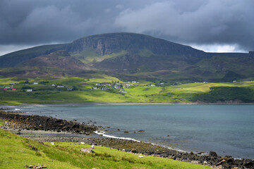 Fototapeta na wymiar Quiraing range seen from Staffin Bay, Isle of Skye, Inner Hebrides, Scotland 