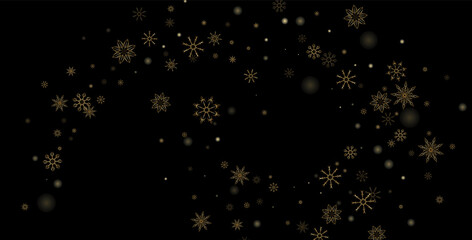 Fototapeta na wymiar Golden delicate openwork snowflakes scatter on a black background. Festive background, postcard design, wallpaper