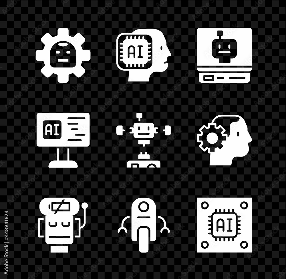 Poster set robot, humanoid robot, low battery charge, processor with microcircuits cpu, software and disass