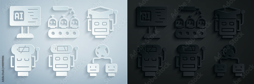 Poster set robot low battery charge, artificial intelligence, industrial production of robots and software 