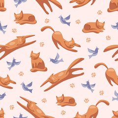 Seamless pattern with red cats  and birds. Vector color illustration in flat style with lines.