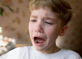 Portrait of little upset toddler boy crying, scared boy at home