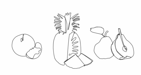 A set of fruits. One line is an art. Pineapple, peach and pear. 
