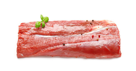 Raw beef brisket with spices on white background