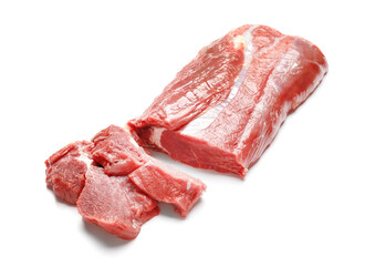 Raw beef brisket and slices on white background