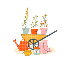 Obraz premium Gardening Tools and items with cart, flowers and boots in hand drawn style. Harvesting concept