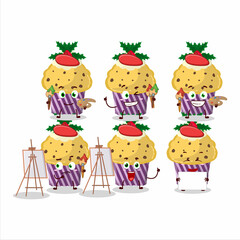 Artistic Artist of cupcake with holly berry cartoon character painting with a brush