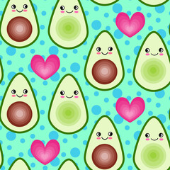 Cute kawaii avocado love seamless pattern