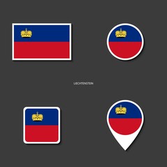 Liechtenstein flag icon set in different shape (rectangle, square, circle and marker icon) on dark grey background.