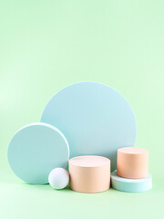 Green pastel and peach orange geometric shape background with different circle podiums