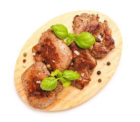 Wooden board tasty grilled beef on white background