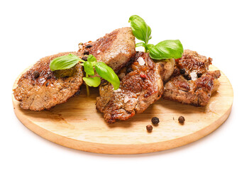 Wooden board tasty grilled beef on white background