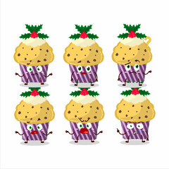 Fototapeta premium Cartoon character of cupcake with holly berry with what expression