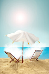 Beach umbrellas and sunbeds on the sand. White cloud sunbathes on the beach.. Paper umbrellas for cocktails in the background. The concept of rest, sea and vacation.
