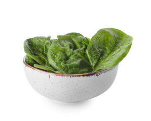 Bowl with fresh spinach leaves on white background