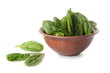 Bowl with fresh spinach leaves on white background