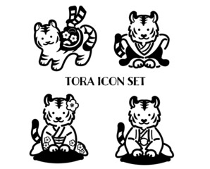 2022年　寅年の年賀状　かわいい虎の張り子や虎の夫婦などのベクターイラスト素材／縁起物／モノクロ、一色