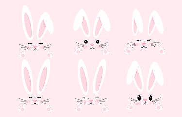 Obraz premium Easter Bunny set. Cute rabbit face with different emotions. Symbol of Great Easter. Cute design elements. White long ears, muzzle and paws. Cartoon flat vector collection isolated on pink background