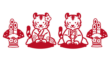 2022年の着物姿でお辞儀をする、虎の夫婦の年賀状のアイコンベクターイラスト素材／寅年／モノクロ、一色