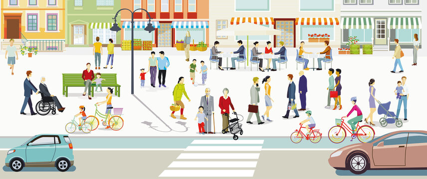 Leben und Freizeit in einer Stadt mit Fu&szlig;g&auml;nger illustration