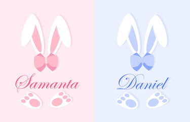 Easter bunny name plate concept. Boy and girl frame. Beautiful long rabbit ears, paws and bow. Clipart for personal invitations. Cartoon modern flat vector collection on pink and blue background